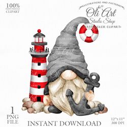 Gnome and Lighthouse Clipart. Sea Gnome. Hand Drawn Graphics, Instant Download. Digital Download. OliArtStudioShop