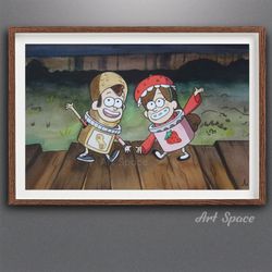 original watercolor painting twins, wall decor, dipper, mabel, pines, mystery shack, soos, wendy, illustration, cartoon