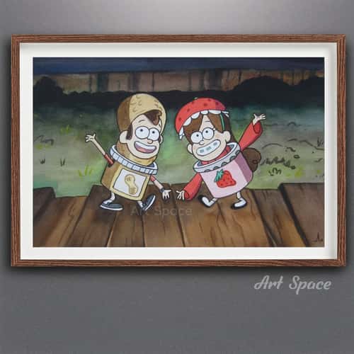 Original watercolor painting TWINS, wall decor, Dipper, Mabel, Pines, Mystery Shack, Soos, Wendy, illustration, cartoon