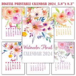 PRINTABLE rustic floral calendar 2024_INSTANT DOWNLOAD/Mini Desk Calendar/Office planner/Gift for woman/Desktop calendar