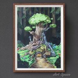 original watercolor painting magic tree gift for teenager, for home, mystery shack gravity falls-magic tree-dark forest