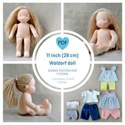 DIY Waldorf doll 11 inch (28 cm) tall. PDF sewing pattern and tutorial. Patterns of doll clothes as bonus!