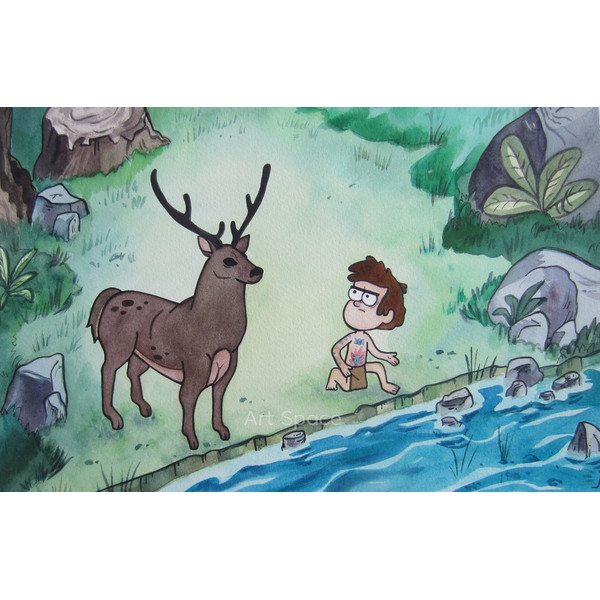 Gravity Falls-Dipper Pines-deer-cartoon-green painting-forest-river-series-watercolor-painting-.JPG