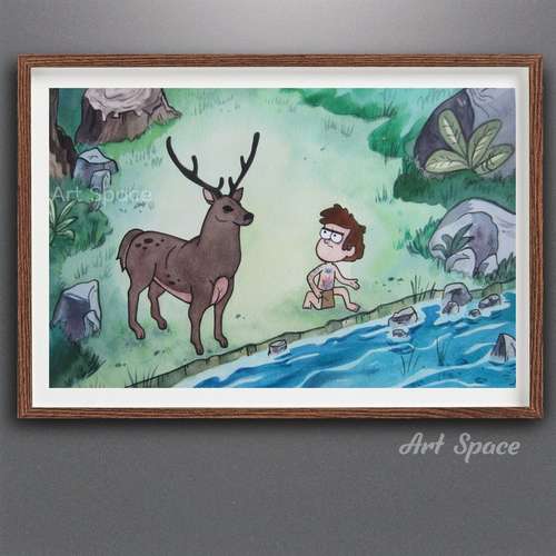 Original watercolor painting DEER,watercolor painting, original, poster, office, Gravity Falls, Dipper, Mabel Pines
