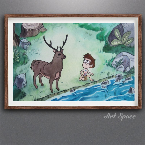 Gravity Falls-Dipper Pines-deer-cartoon-green painting-forest-river-series-watercolor-painting-1.jpg