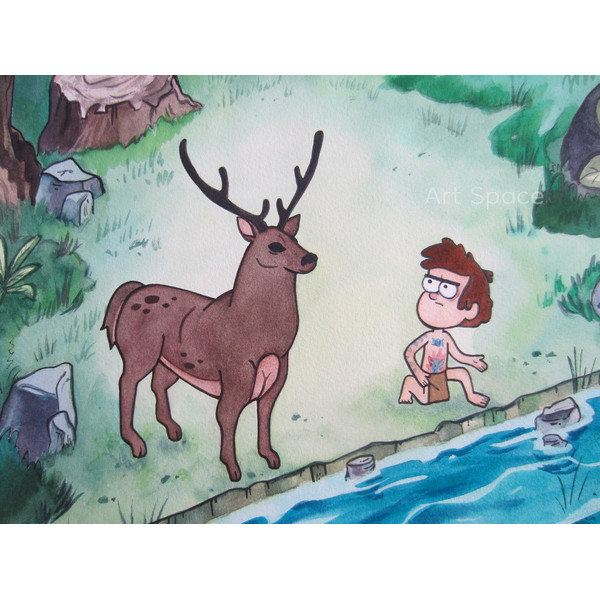 Gravity Falls-Dipper Pines-deer-cartoon-green painting-forest-river-series-watercolor-painting-3.JPG