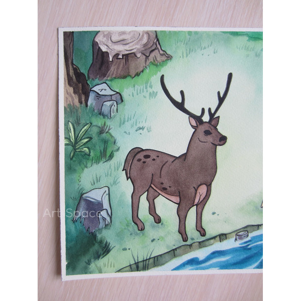 Gravity Falls-Dipper Pines-deer-cartoon-green painting-forest-river-series-watercolor-painting-5.JPG
