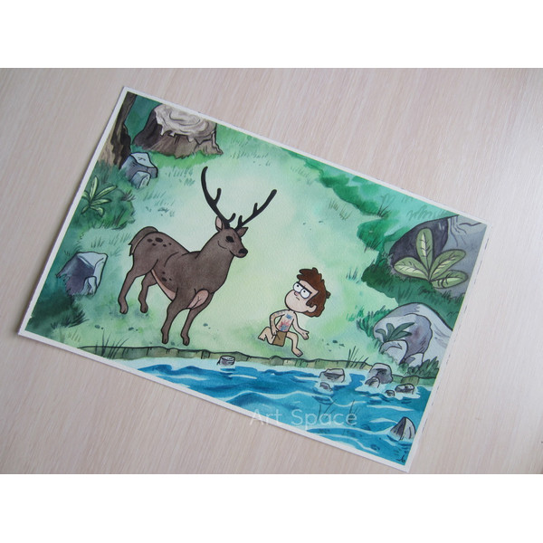 Gravity Falls-Dipper Pines-deer-cartoon-green painting-forest-river-series-watercolor-painting-7.JPG