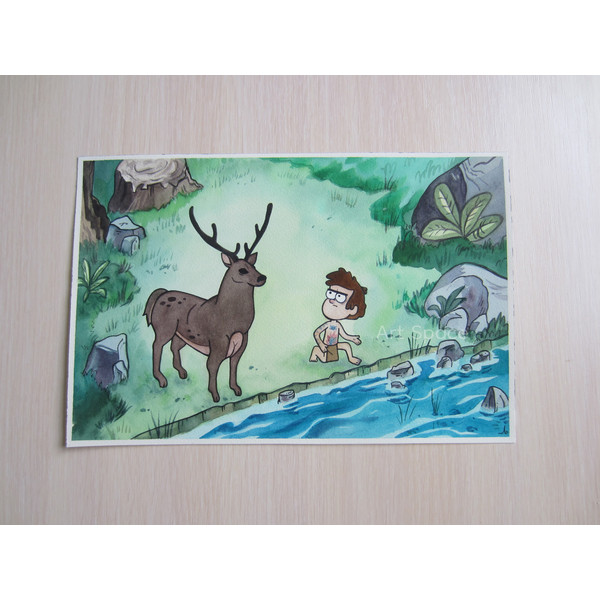 Gravity Falls-Dipper Pines-deer-cartoon-green painting-forest-river-series-watercolor-painting-8.JPG