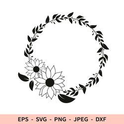 Sunflower Floral Round Wreath Svg Circle Frame Leaves Dxf File for Cricut