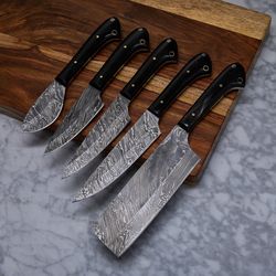 custom HANDMADE DAMASCUS KITCHEN KNIFE // 5 PIECE SET with leather sheath gift knife mk4078m