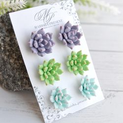 succulent earrings set, succulent stud earrings, blue succulent, green succulent, purple succulent stud, succulent jewer