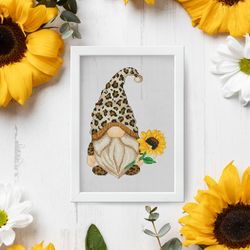 Leopard gnome, Sunflowers cross stitch, Counted cross stitch, Gnomes cross stitch, Floral cross stitch