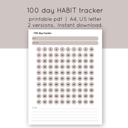 100 day habit tracker. Water Tracker. Step Tracker, 100 Day Challenge. Fitness tracker. Savings Challenge. Selfcare trac