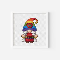 LGBTQ Pride Gnome Cross Stitch Pattern with Rainbow Flag Instant Download PDF,Love is Love Embroidery,Fabulous Gift Idea