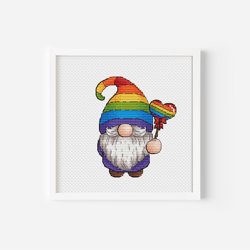 Rainbow Gnome Cross Stitch Pattern for LGBTQ Pride, Colorful Hand Embroidery DIY, Instant Download PDF Pattern