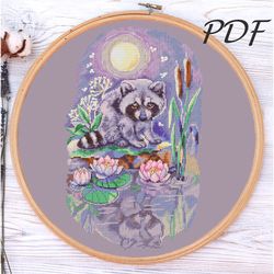 Cross stitch pattern pdf Night walk (Raccoon with lotuses) - cross stitch pattern pdf design for embroidery
