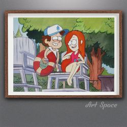 original watercolor painting "rescuers on the tower" gravity falls, wall decor, dipper, wendy, illustration, cartoon,