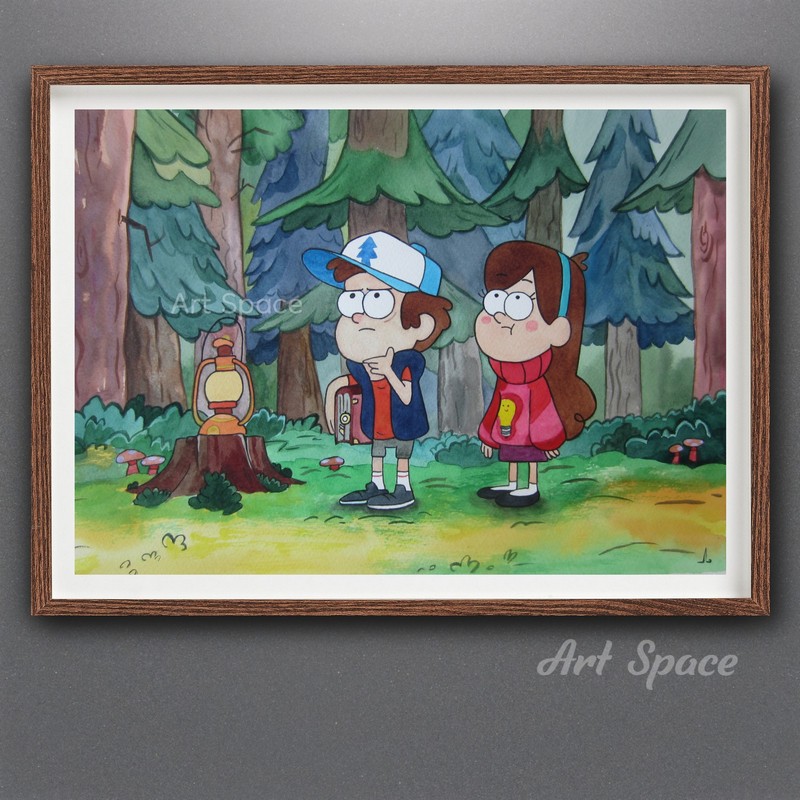 Gravity Falls-Mable-Pines-Dipper-lantern-in-the-woods-cartoon-adolescents-watercolor-painting-2.jpg