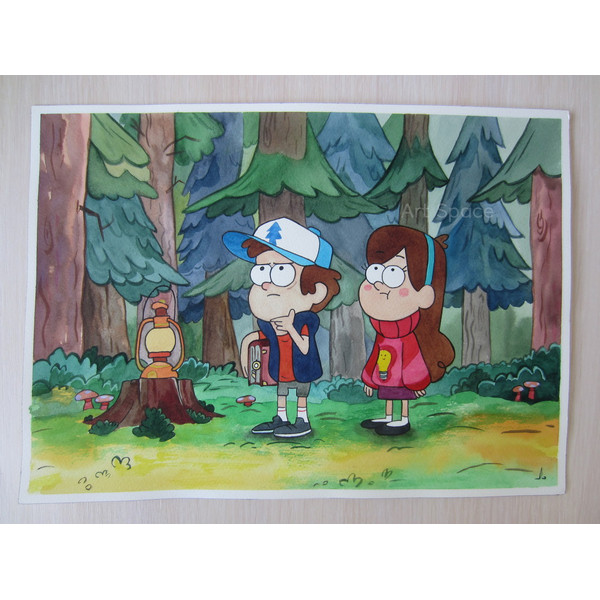 Gravity Falls-Mable-Pines-Dipper-lantern-in-the-woods-cartoon-adolescents-watercolor-painting-4.JPG