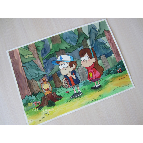 Gravity Falls-Mable-Pines-Dipper-lantern-in-the-woods-cartoon-adolescents-watercolor-painting-5.JPG