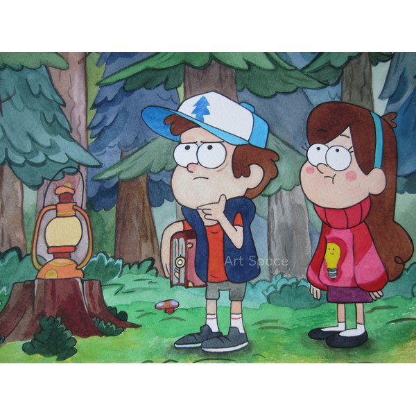 Gravity Falls-Mable-Pines-Dipper-lantern-in-the-woods-cartoon-adolescents-watercolor-painting-7.JPG