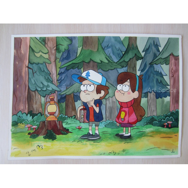 Gravity Falls-Mable-Pines-Dipper-lantern-in-the-woods-cartoon-adolescents-watercolor-painting-8.JPG
