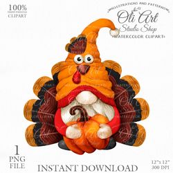Fall Gnome Clip Art. Turkey Gnome. Autumn. Pumpkin. Hand Drawn graphics. Digital Download. OliArtStudioShop