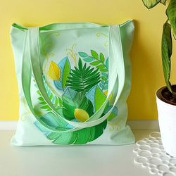 Shopper Bag Author's Embroidery Hand-painted Monstera Leaves. Green Eco bag cotton