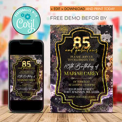 editable 85th birthday invitation, 85 and and fabulous birthday invitation