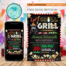 editable bbq birthday party invitation, bbq party invite, grill party invitation
