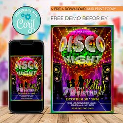 editable disco night birthday invitation, disco birthday invitation instant download