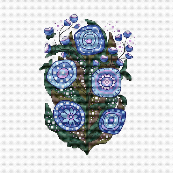 folk blue flowers counted cross stitch pattern