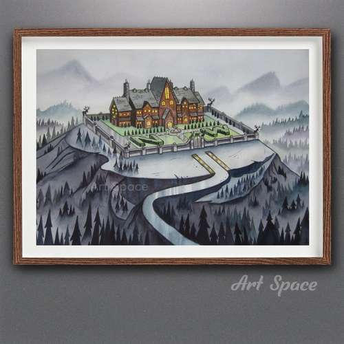 Original watercolor painting Northwest Mansion Mystery Estate, decor for home, office, unusual gift