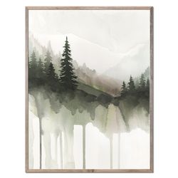 Pine Trees Print Evergreen Trees Watercolor Painting Mountain Forest Abstract Landscape Art Sage Green Brown Wall Art