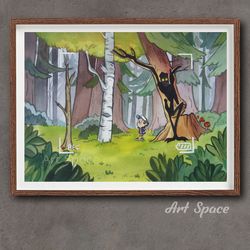original watercolor painting, hide-behind, gravity falls, dipper, mabel, pines, mystery shack, so wall decor,the villain