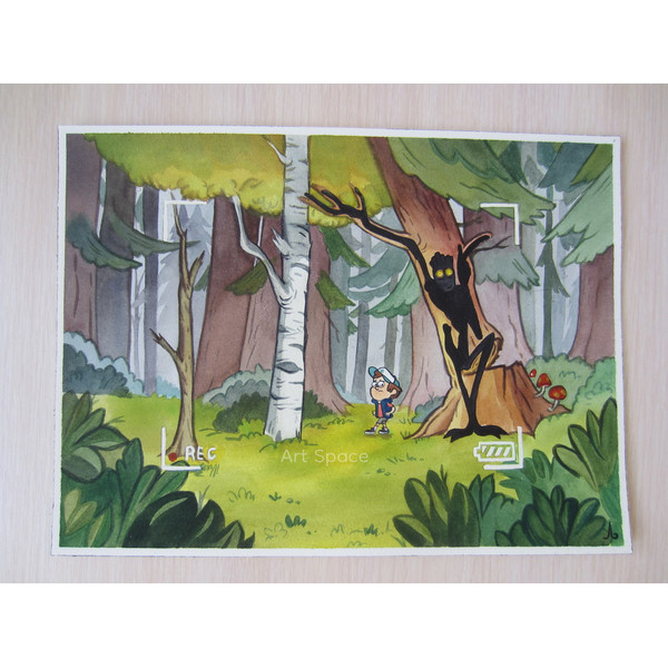 Gravity Falls-Dipper Pines-Hide-Behind teenagers-children-cartoon, watercolor painting-forest-trees-3.JPG