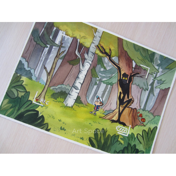 Gravity Falls-Dipper Pines-Hide-Behind teenagers-children-cartoon, watercolor painting-forest-trees-4.JPG