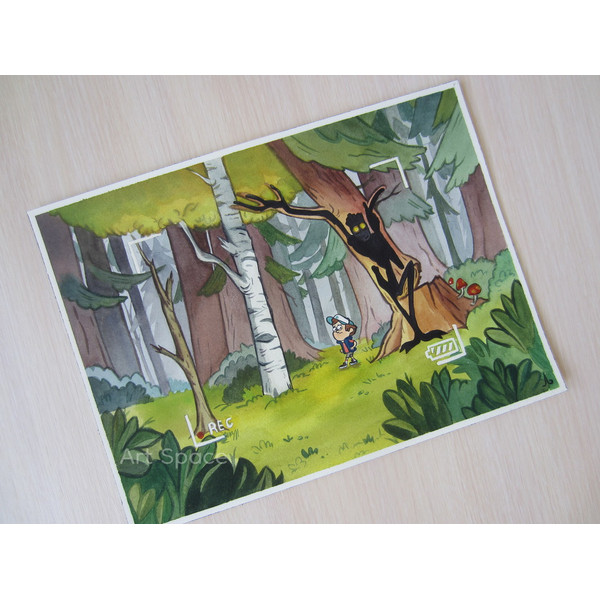 Gravity Falls-Dipper Pines-Hide-Behind teenagers-children-cartoon, watercolor painting-forest-trees-5.JPG