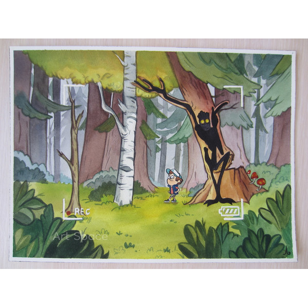 Gravity Falls-Dipper Pines-Hide-Behind teenagers-children-cartoon, watercolor painting-forest-trees-7.JPG