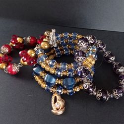A set of 3 handmade wrist bracelets made of natural stone, crystal and plastic beads for every day and for a holiday