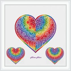 Cross stitch pattern Heart silhouette floral mandala ethnic rainbow east ornament colorful counted crossstitch patterns