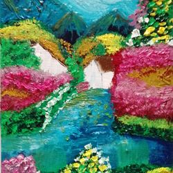 House in mountains landscape poster Oil impasto painting