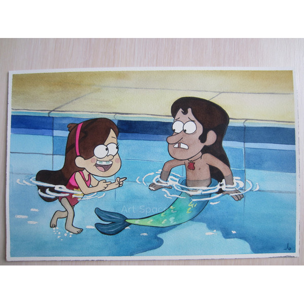Gravity Falls-Mable Pines-Mermando-teenagers-children-cartoon, watercolor-water painting-pool-1.jpg