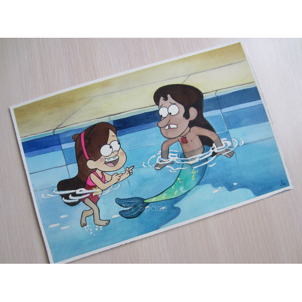 Gravity Falls-Mable Pines-Mermando-teenagers-children-cartoon, watercolor-water painting-pool-2.jpg