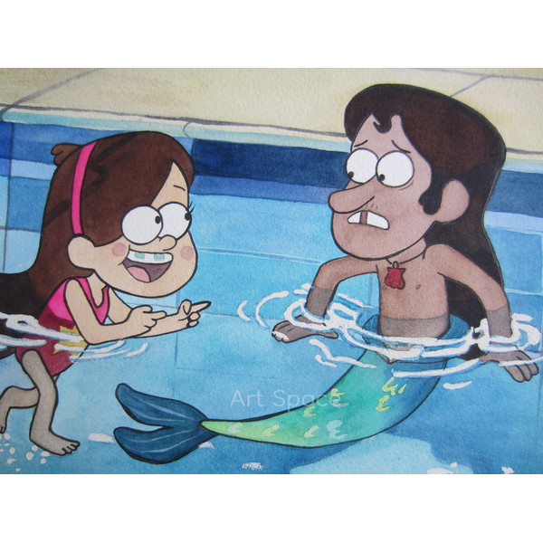Gravity Falls-Mable Pines-Mermando-teenagers-children-cartoon, watercolor-water painting-pool-5.jpg