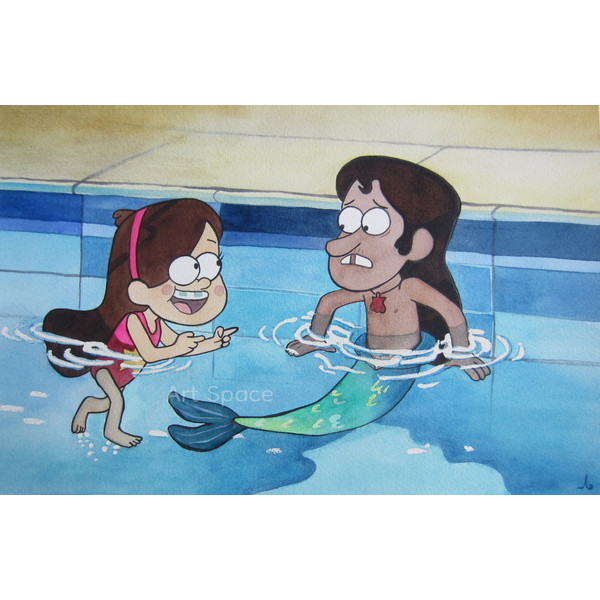 Gravity Falls-Mable Pines-Mermando-teenagers-children-cartoon, watercolor-water painting-pool-8.jpg