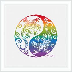Cross stitch pattern Yin Yang Gecko silhouette lizard rainbow ornament mandala abstract counted crossstitch patterns PDF