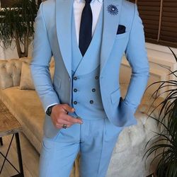 Men 3 pieces sky-blue suit