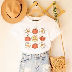 retro daisy pumpkin shirt, retro pumpkin shirt, daisy fall shirt, women's fall t shirt, pumpkin patch shirt, retro fall